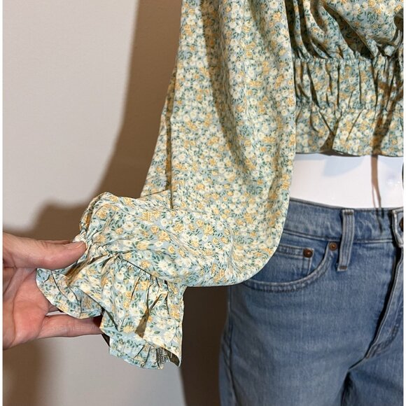 Mable Anthropologie Women FLORAL PUFF SLEEVE Crop Top Medium Size Stretch Green - Picture 5 of 11